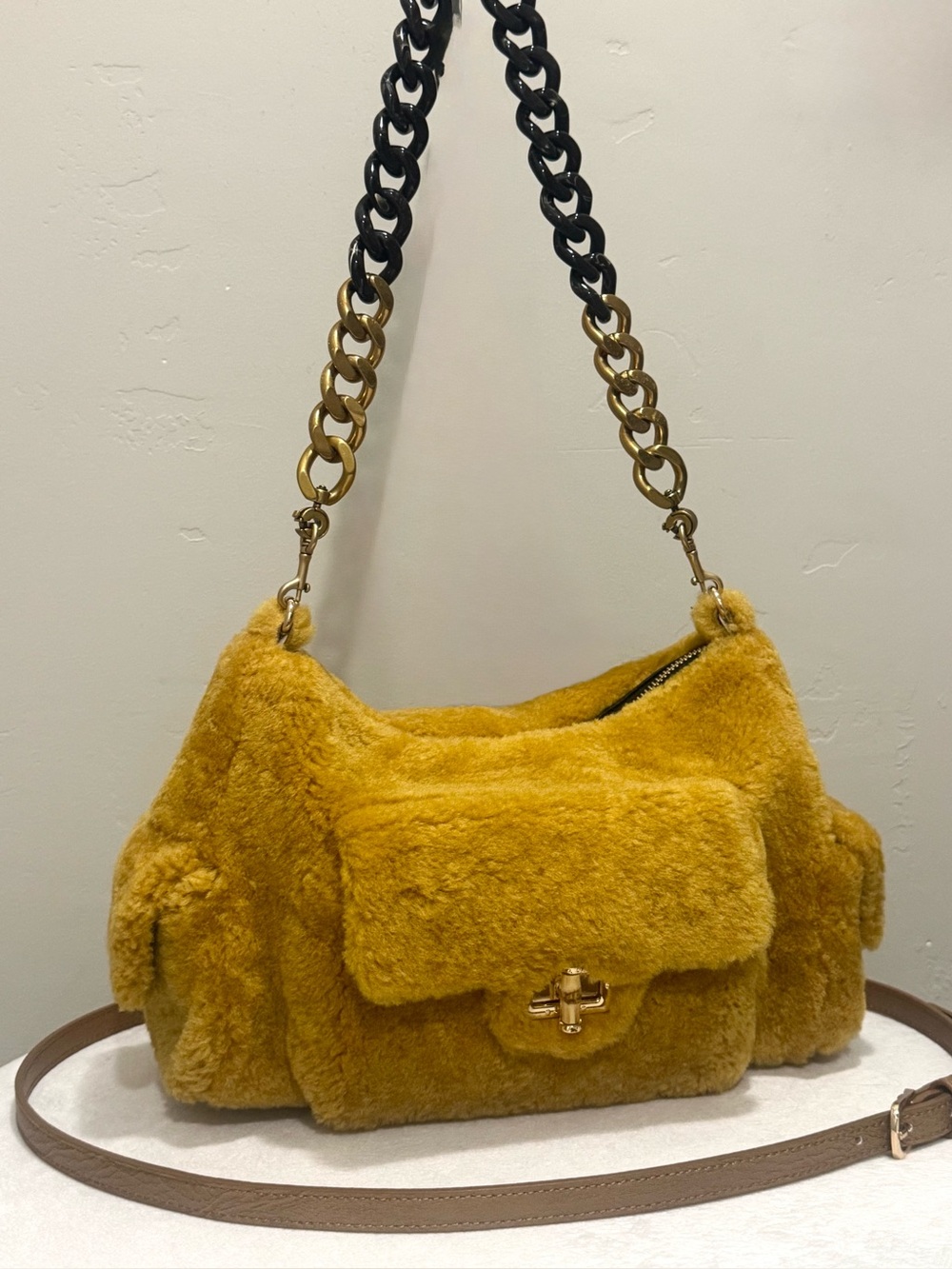 Vintage Boho Style Handmade Shearling Leather Slouchy Shoulder Bag, Crossbody
